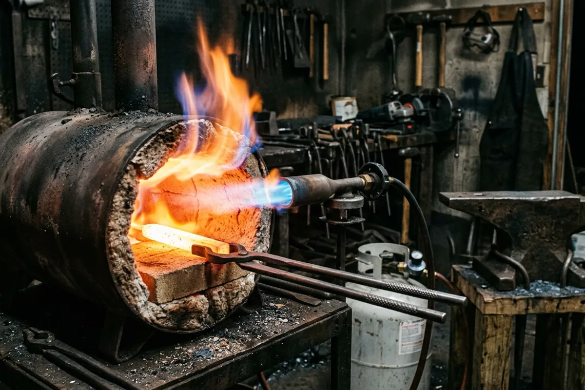 The burner and coated liner of a blacksmith forge kit heating steel to yellow heat