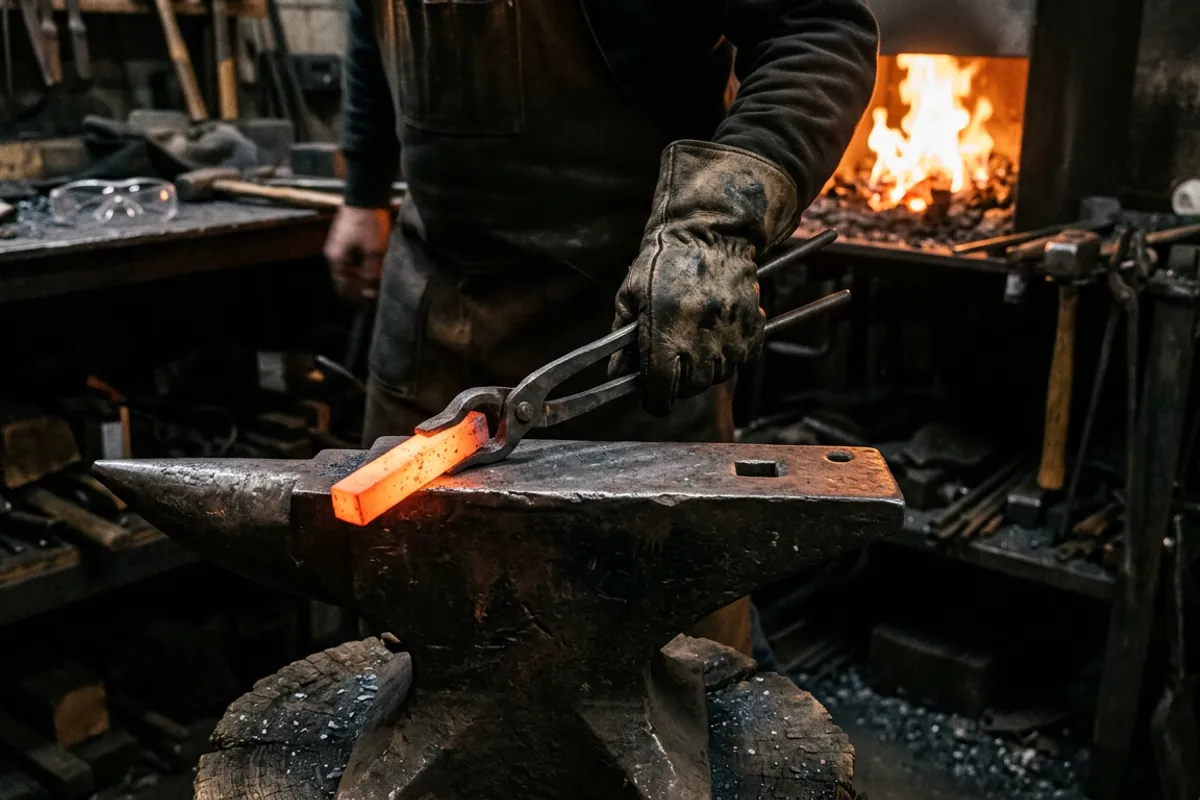 Tongs holding hot steel from a blacksmith forge kit over an anvil in a dark shop