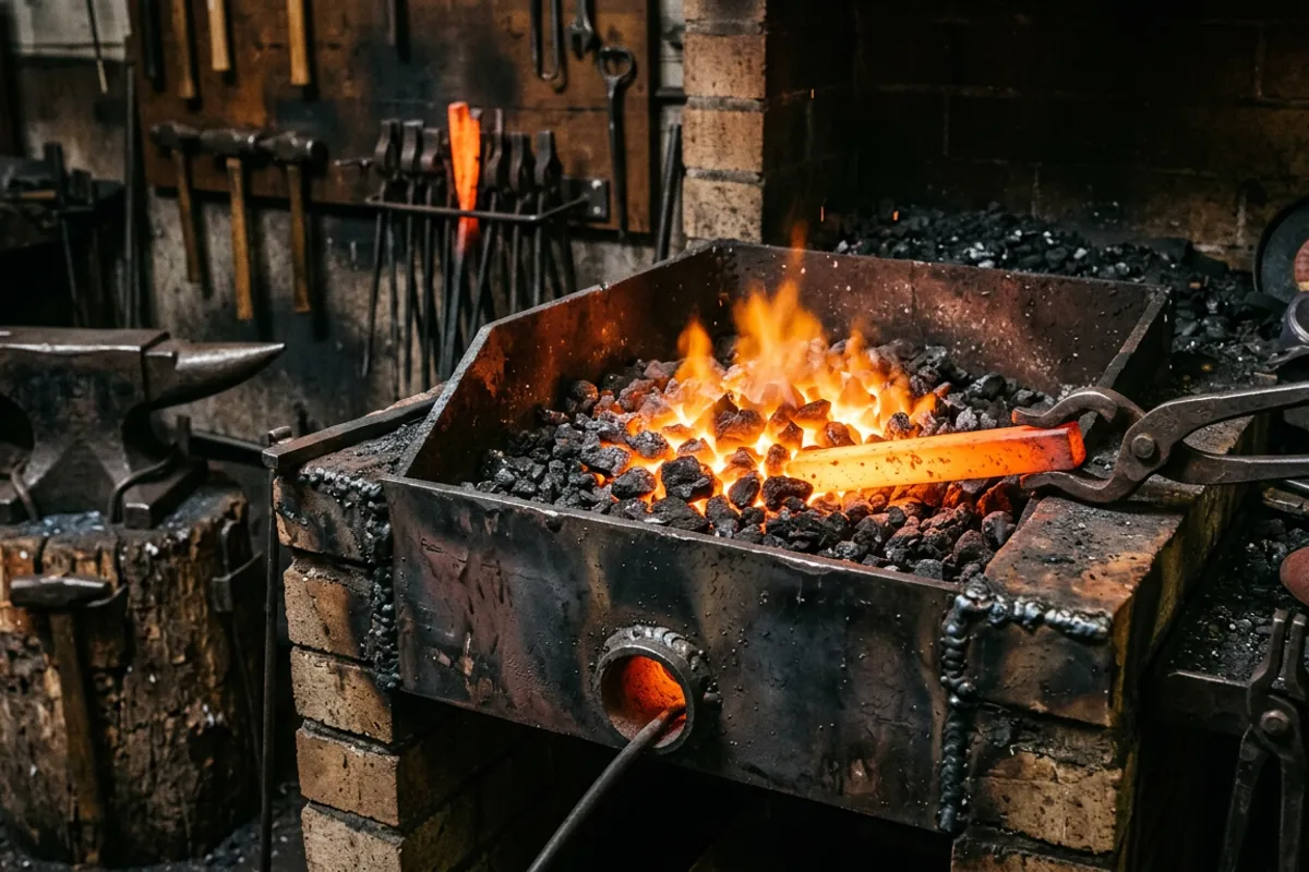 A welded steel firepot for a medieval-style blacksmith forge holding a deep bed of glowing coal
