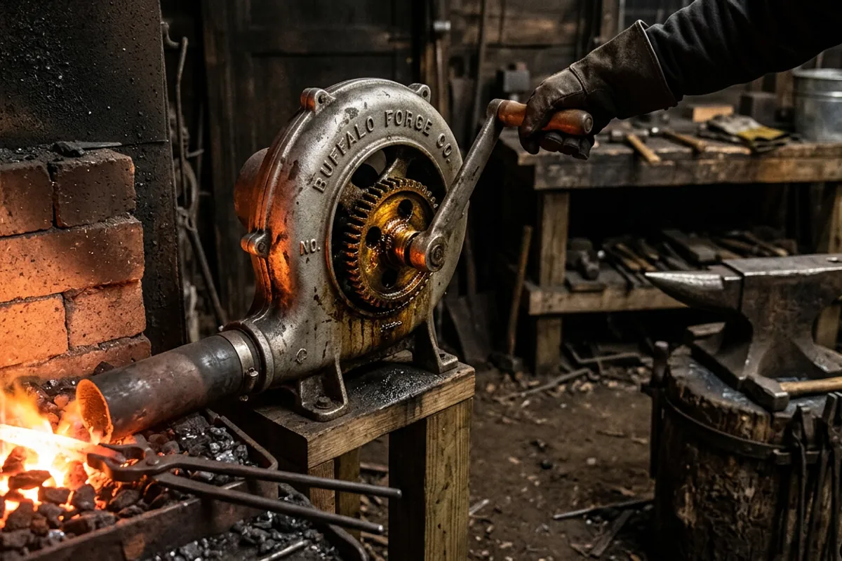 A hand-crank blower feeding air to a medieval-style blacksmith forge in a dark home shop