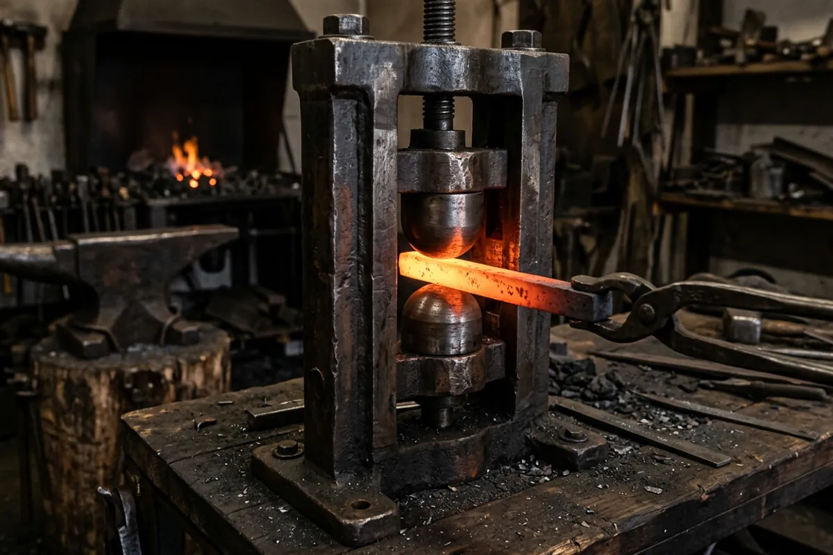 A guillotine style blacksmith fuller tool with aligned dies and a hot bar through the throat