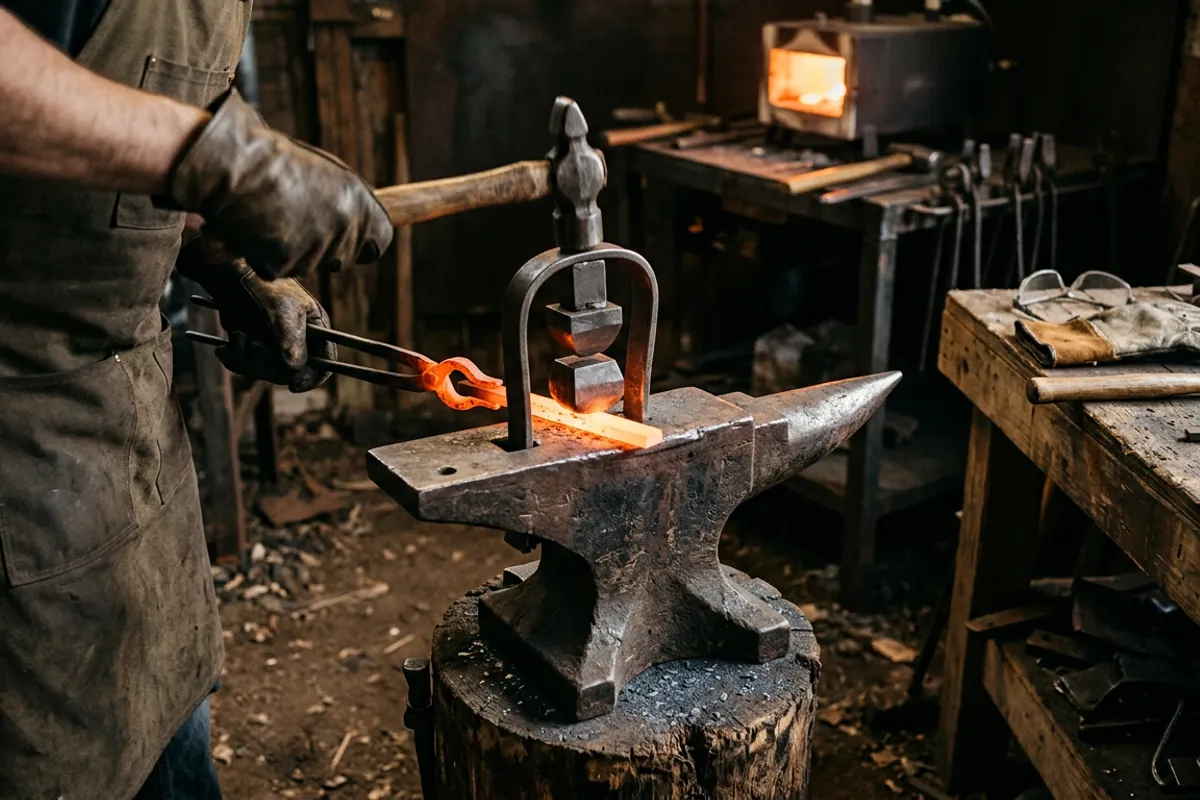 A spring fuller blacksmith fuller tool with a U spring holding the top fuller over hot steel