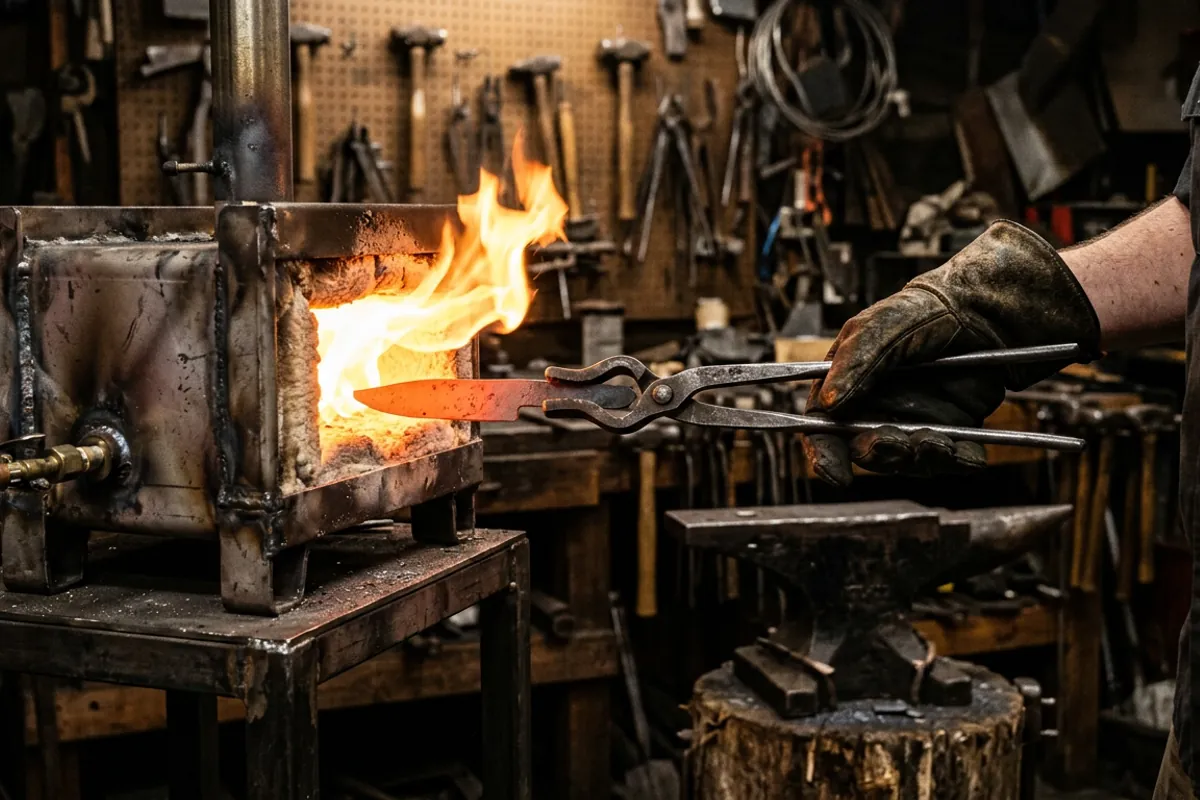 A single burner blacksmith gas forge heating a knife blank held in tongs at the forge opening