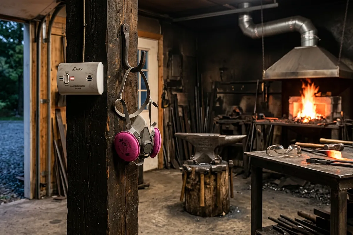 Ventilation and safety gear beside a running blacksmith gas forge in a home shop