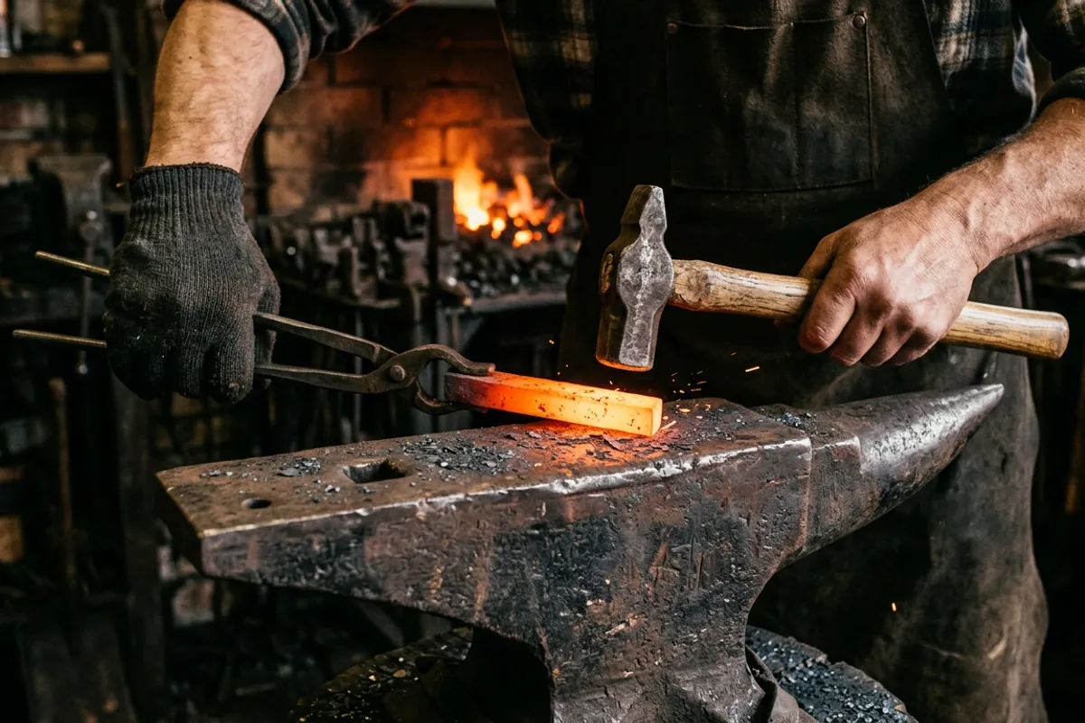A blacksmith glove on the tong hand while the bare hammer hand works hot steel at the anvil