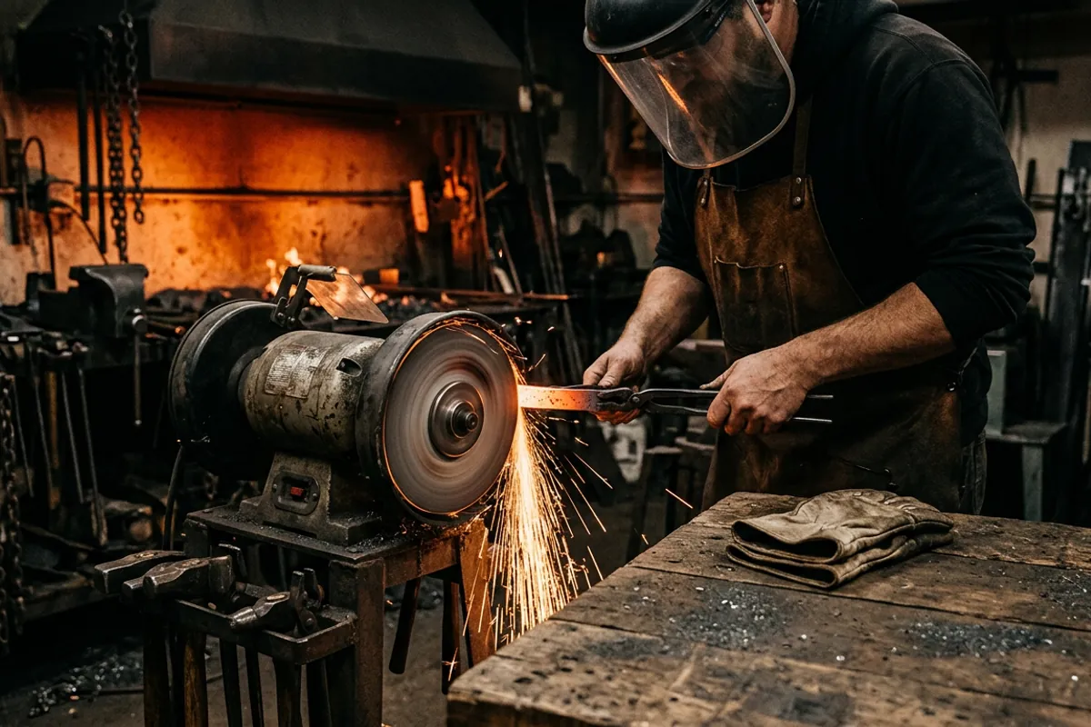 Blacksmith gloves set aside on the bench while a smith grinds with eye protection and a face shield