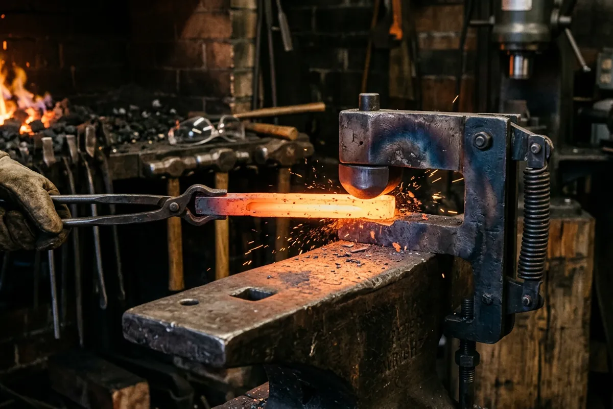 The dies of a guillotine tool pressing a fuller into a glowing bar of steel