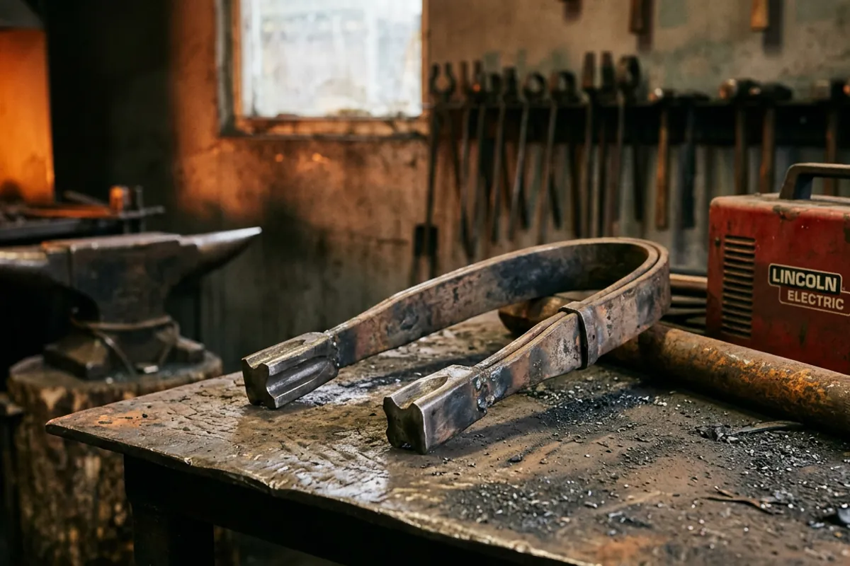 A shop built guillotine fuller made from a leaf spring and welded dies on a workbench