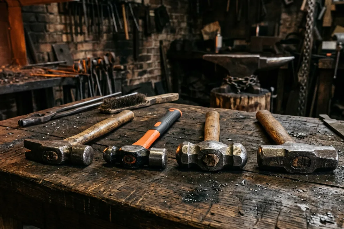 Four blacksmith hammer patterns laid out on a workbench in a home shop, including cross pein, ball peen and rounding heads