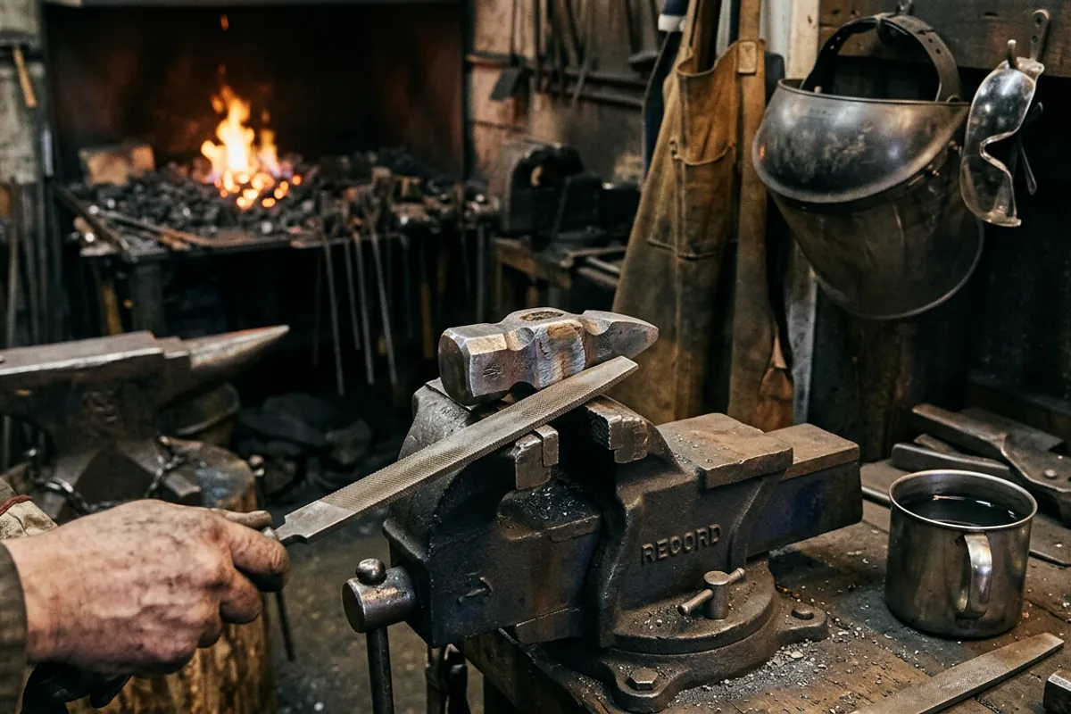 A blacksmith hammer head clamped in a vise while its face edges are dressed with a file, face shield and water cup nearby