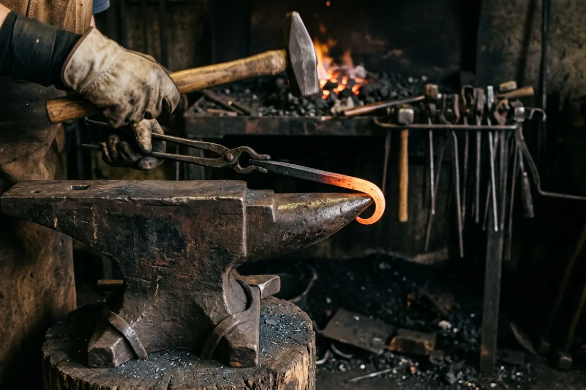 Bending a hot bar over the anvil horn to form the curve of a blacksmith hook
