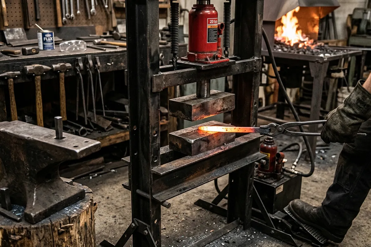 A shop press converted into a blacksmith hydraulic press with flat forging dies in a dark home shop