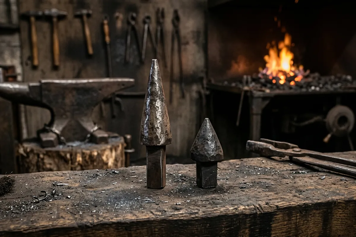 Two hardy-hole blacksmith mandrel cones on a workbench showing the square shanks and tapered forms