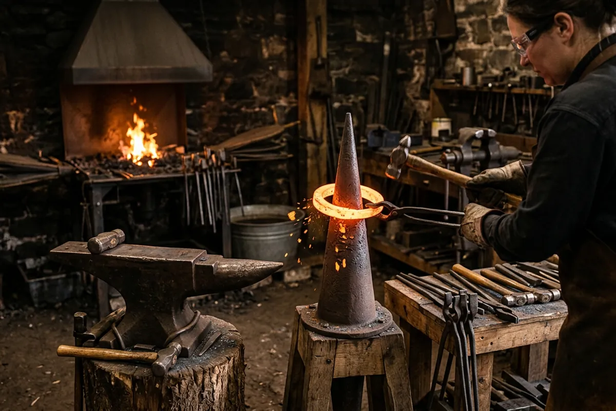 A smith trueing a hot ring on a floor blacksmith mandrel while wearing eye protection