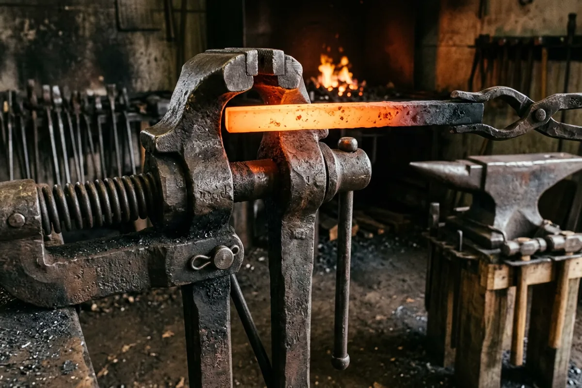 A blacksmith pole vise clamping a glowing bar while tongs hold the hot end