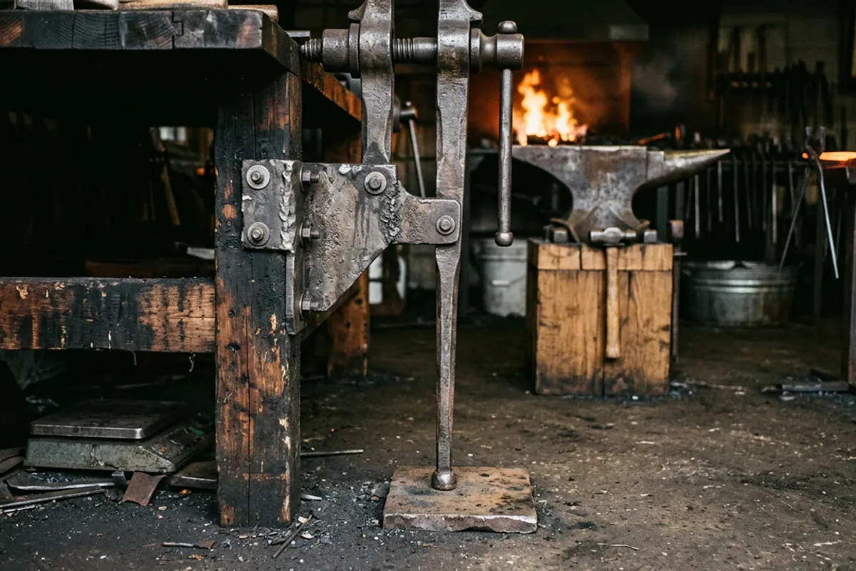 A blacksmith pole vise mounted with its leg bearing on a footplate on the shop floor