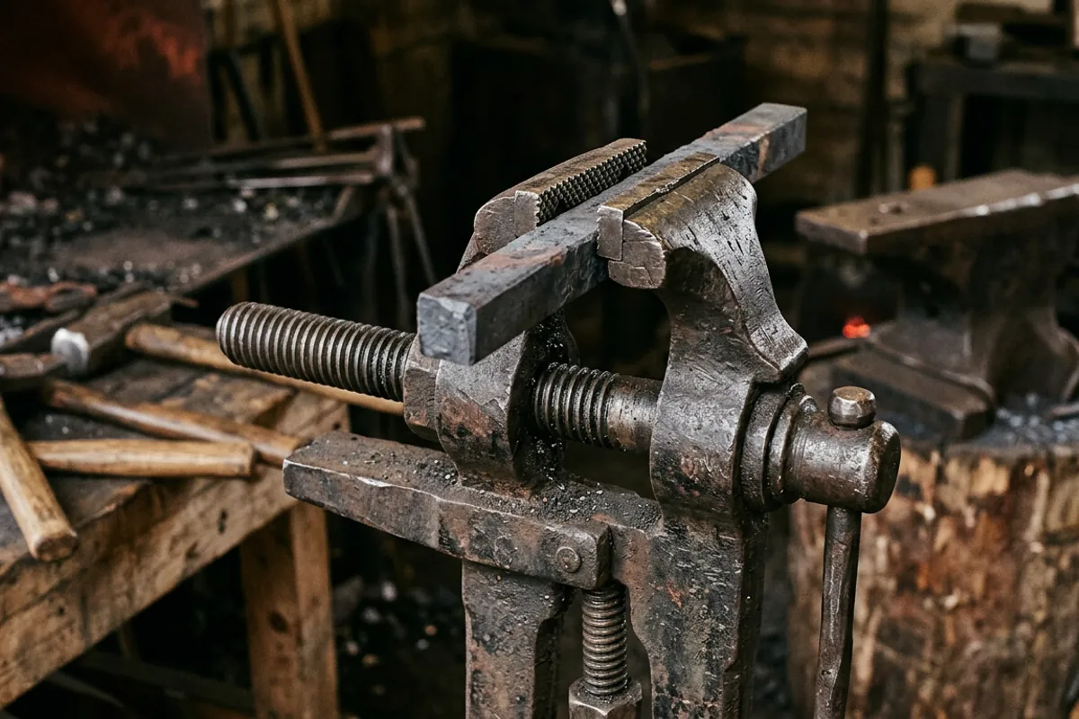 Close view of a blacksmith post leg vise jaw and square-thread screw gripping a bar in warm forge light