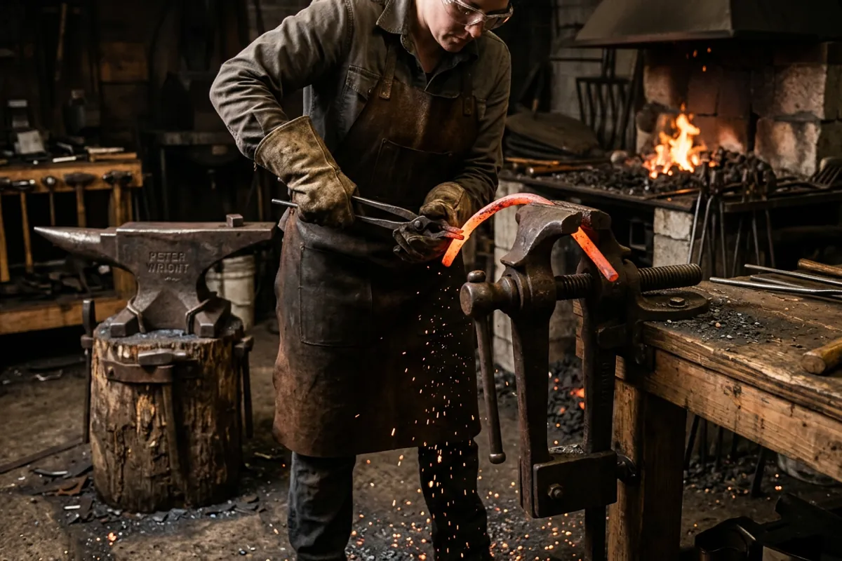 A smith in eye protection bending hot steel clamped in a blacksmith post leg vise braced to the floor