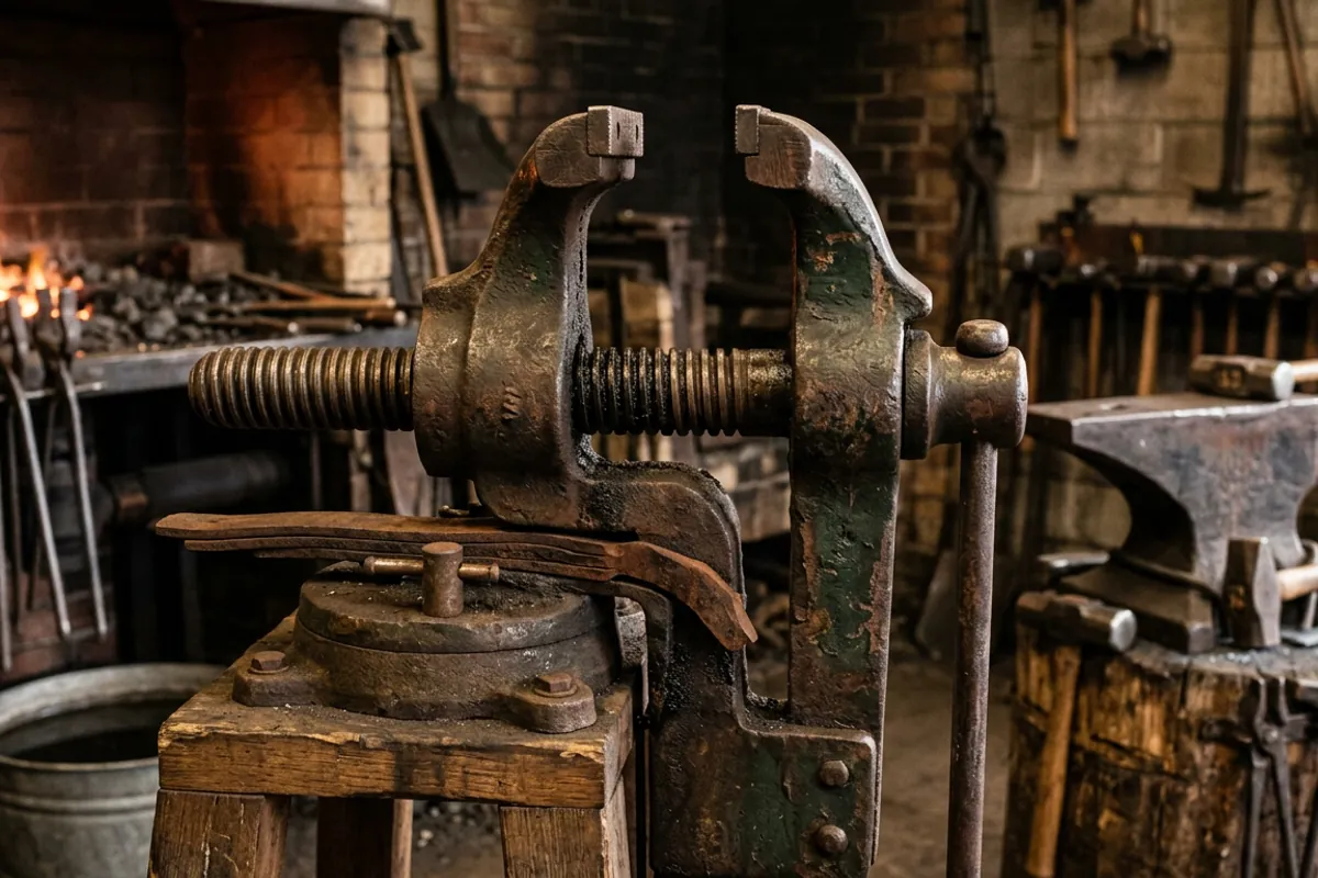 Close view of a blacksmith post vise screw, screwbox, and spring between the legs