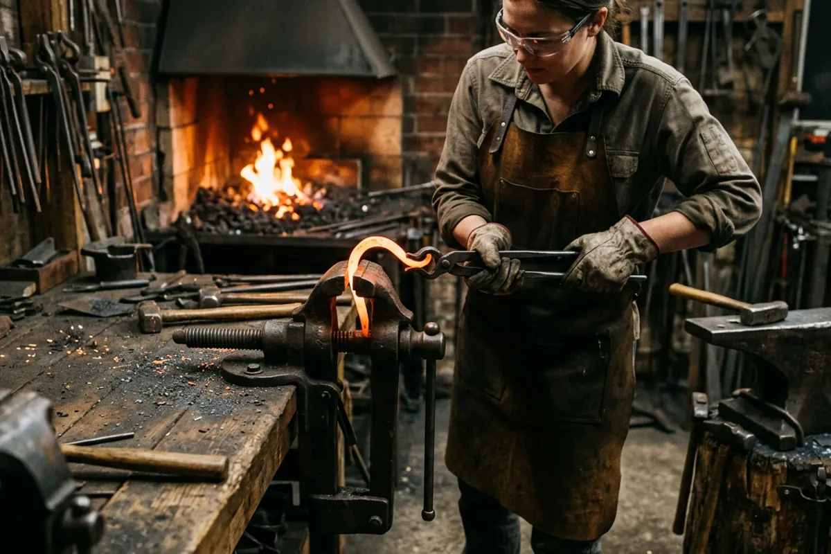 A smith bending hot steel held in a blacksmith post vise while wearing eye protection