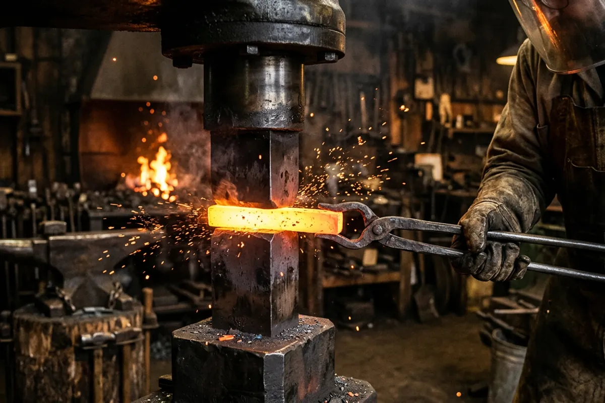 The dies of a blacksmith power forging hammer squeezing a glowing hot bar held with tongs