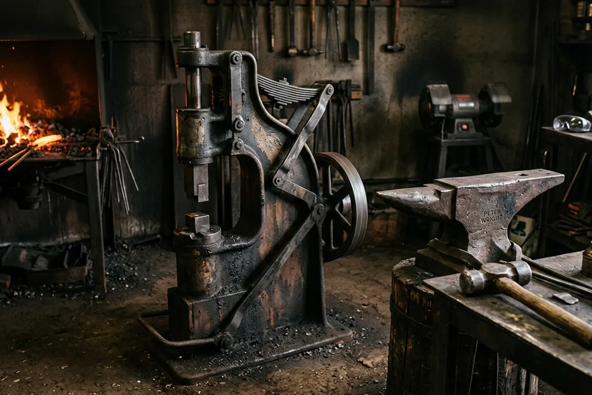 A used mechanical power forging hammer beside hand hammers and an anvil in a home shop