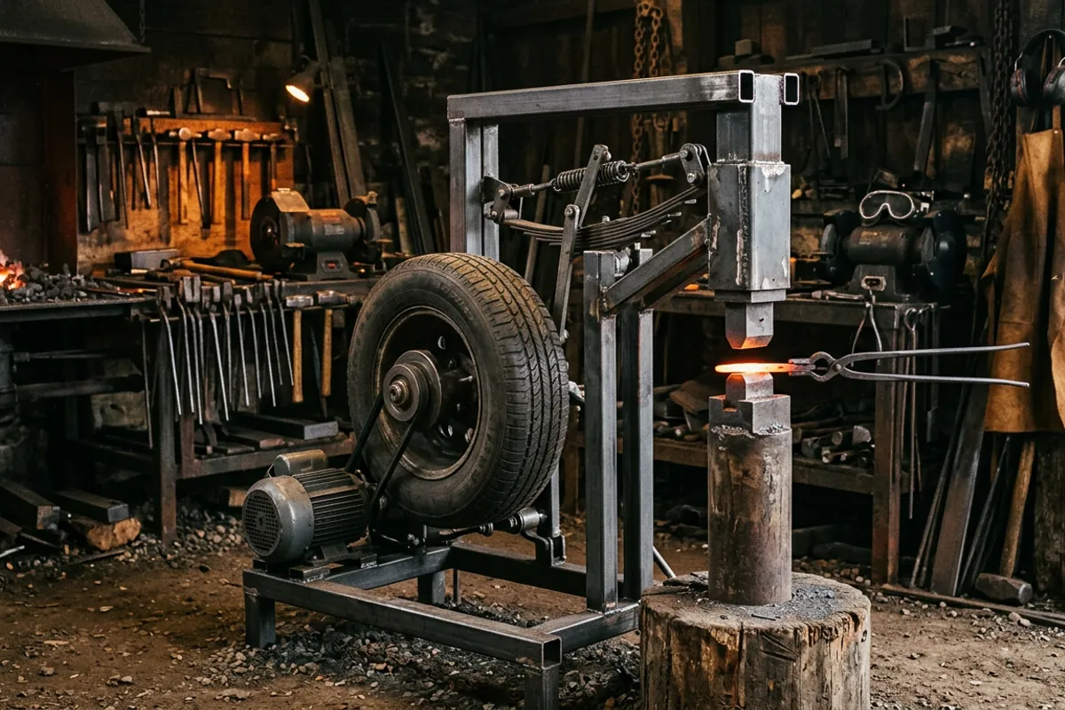 A shop built tire style blacksmith power forging hammer with its tire clutch and toggle linkage visible