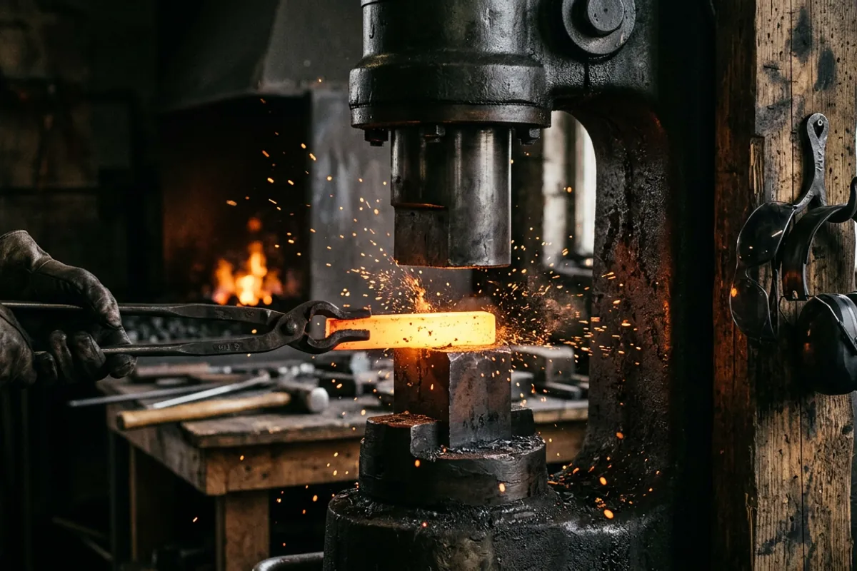 Hot steel held in tongs under the dies of a blacksmith power forging hammer with hands clear of the die gap