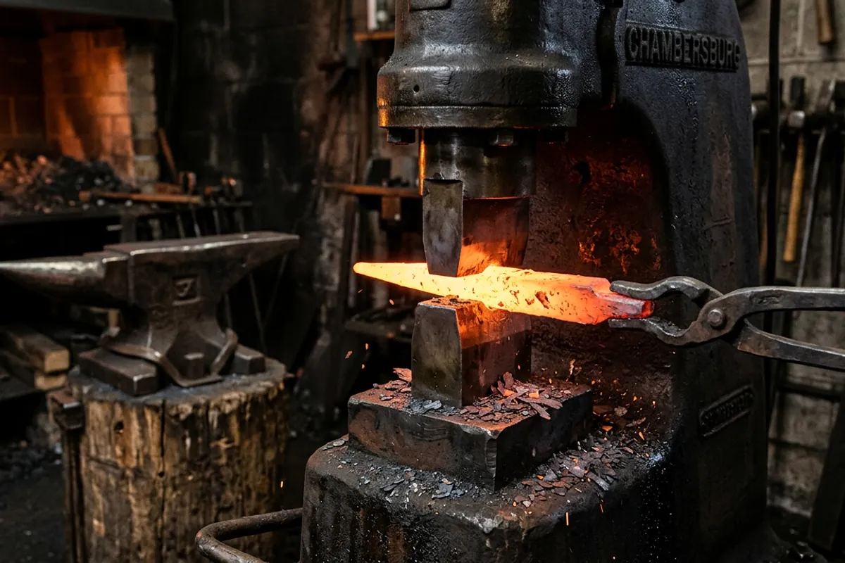 Close view of hot steel being drawn out between the dies of a blacksmith power hammer