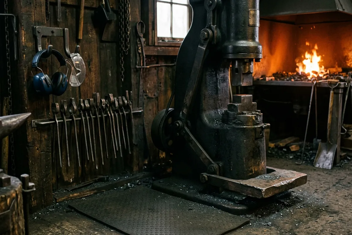 Hearing protection and safety glasses racked beside a blacksmith power hammer treadle in a home shop