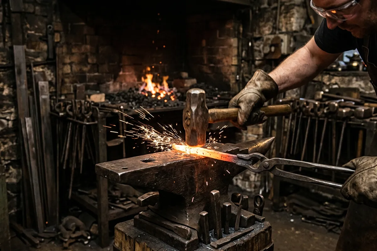 A blacksmith rounding hammer striking hot steel held with tongs on the anvil
