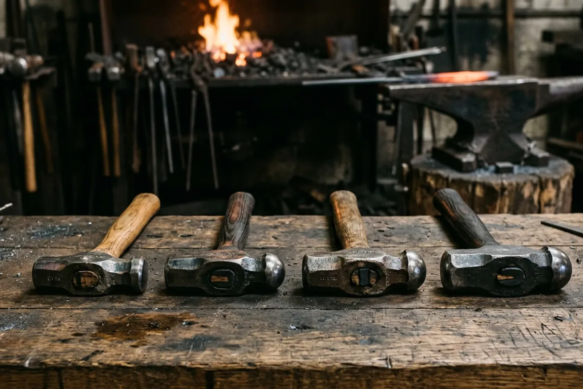 Several blacksmith rounding hammers of different weights lined up on a shop workbench