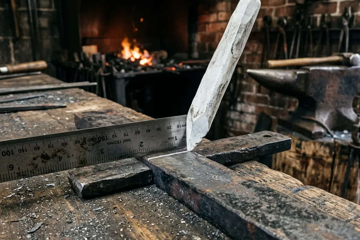 A blacksmith ruler laid against cold bar stock while a soapstone marks a layout line