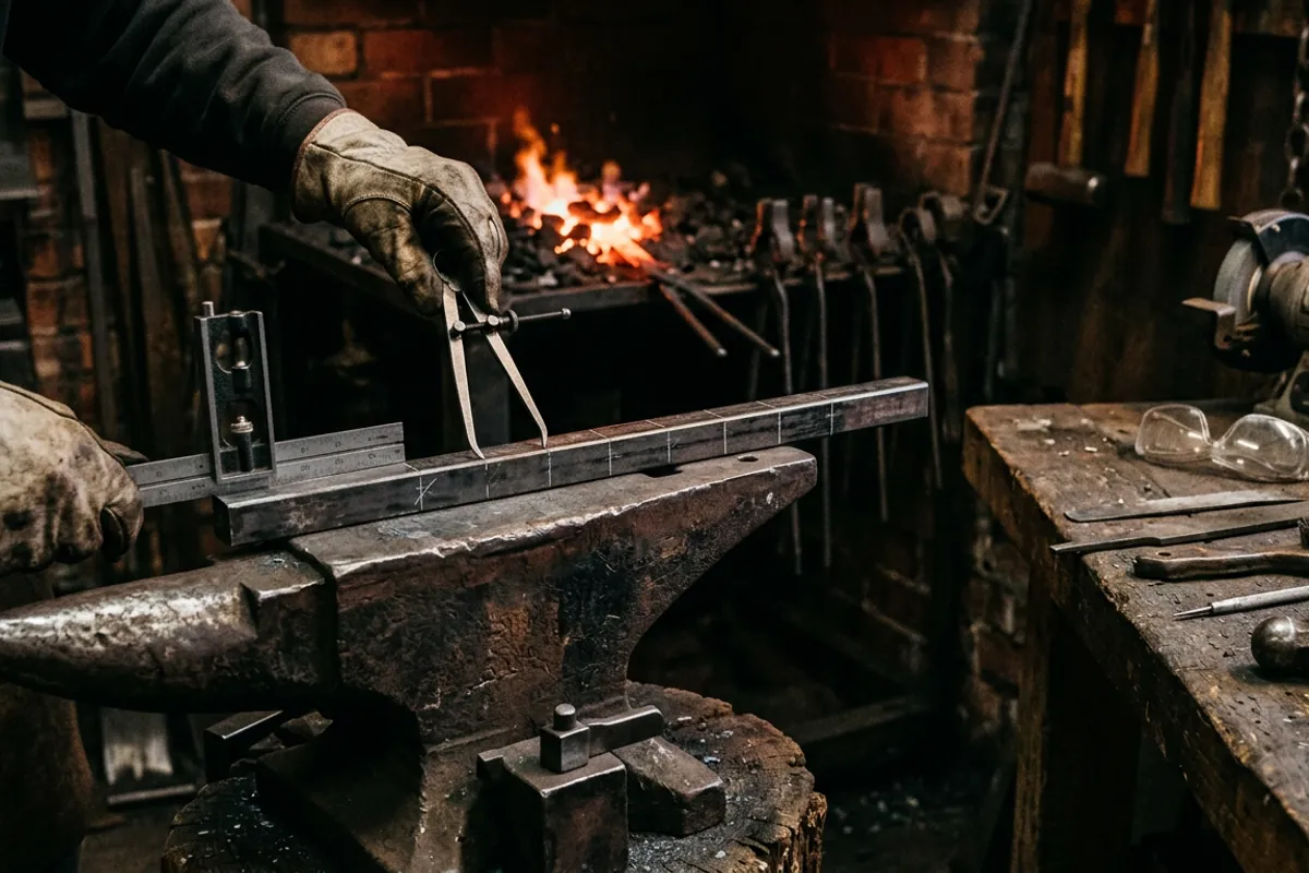 Layout tools including a blacksmith ruler and dividers stepping off equal marks on a bar at the anvil
