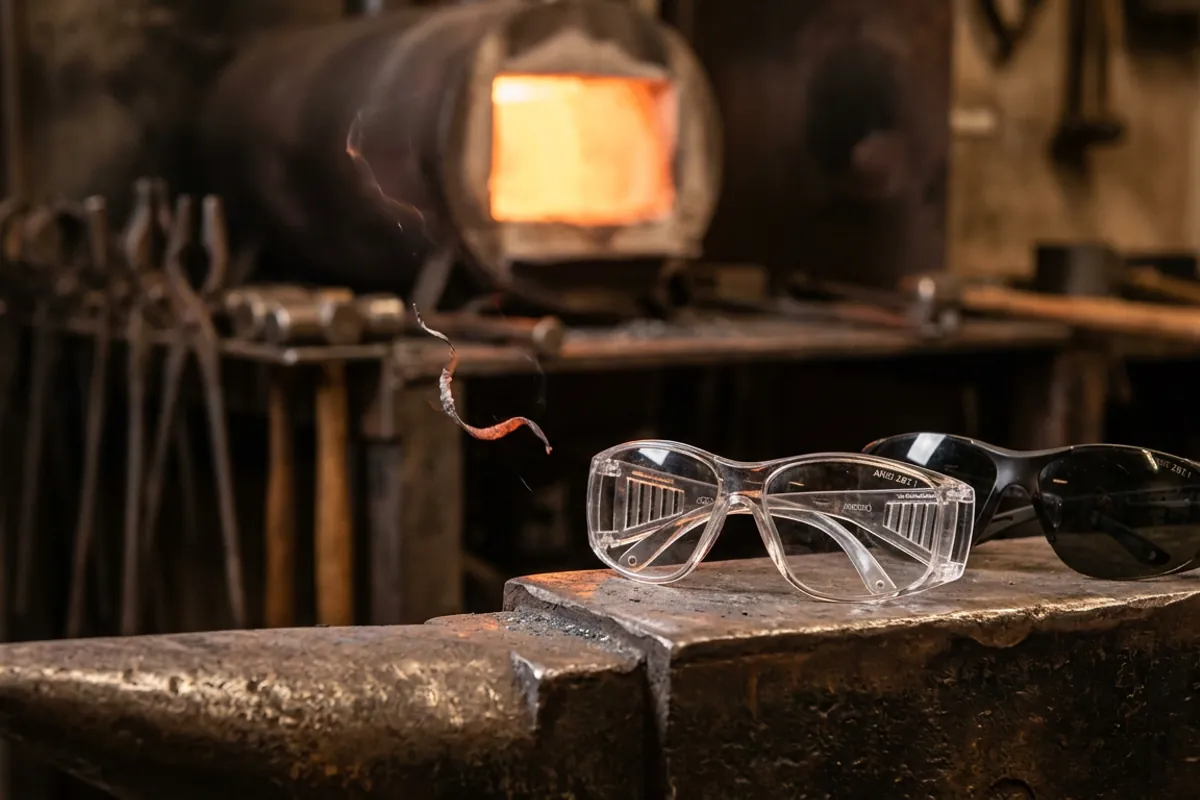Rated safety glasses and a shaded lens on an anvil beside a glowing gas forge, the eye protection blacksmiths must wear at the forge