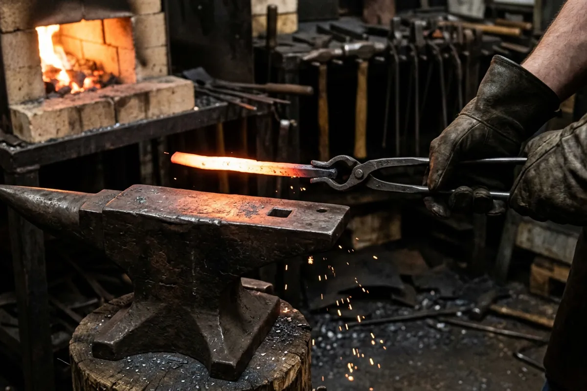 Hot steel carried in tongs from forge to anvil, the short move that shapes how blacksmith shops are laid out