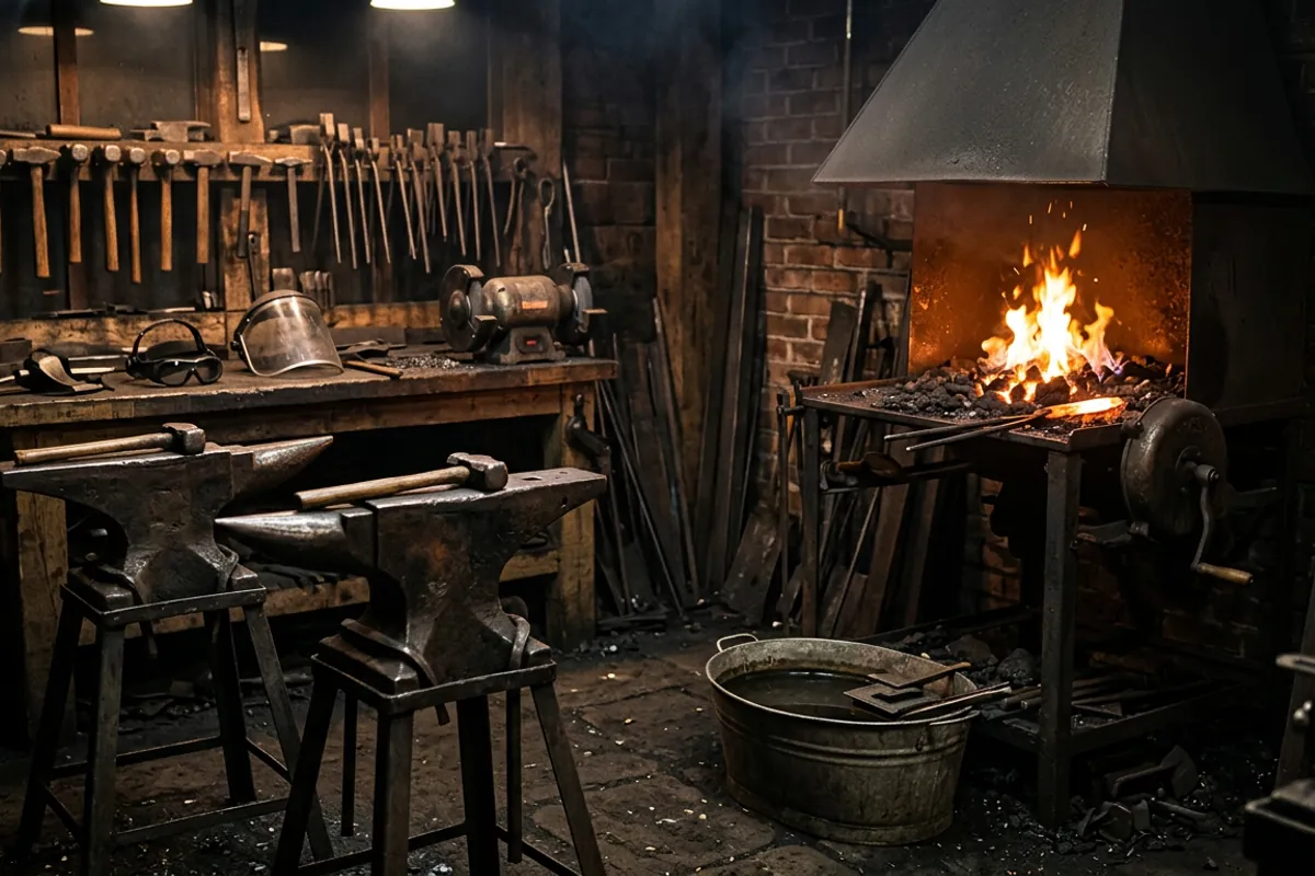 A shared club blacksmith shop with two anvil stations, a coal forge, and safety glasses waiting on the bench