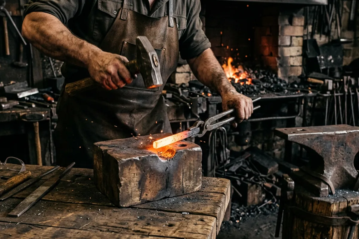 A smith forming hot steel into a bowl depression on a blacksmith swage block with tongs and a hammer