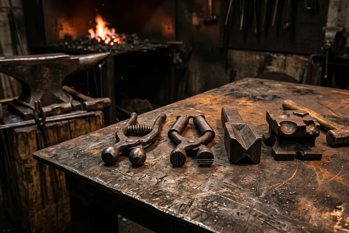 Several types of blacksmith swage laid out on a workbench, including spring swages and a bottom swage