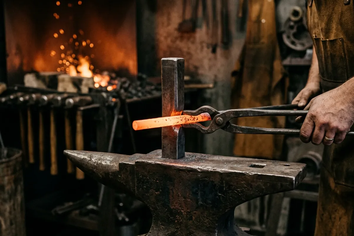 A bottom blacksmith swage seated in the anvil hardy hole with a hot bar resting in the groove