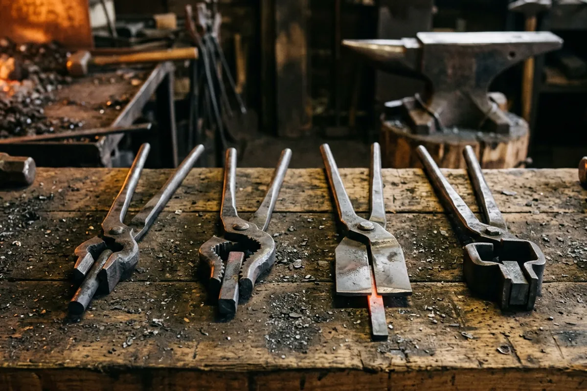 Four pairs of blacksmith tongs laid out on a workbench showing V-bit, wolf jaw, flat jaw, and box jaw patterns