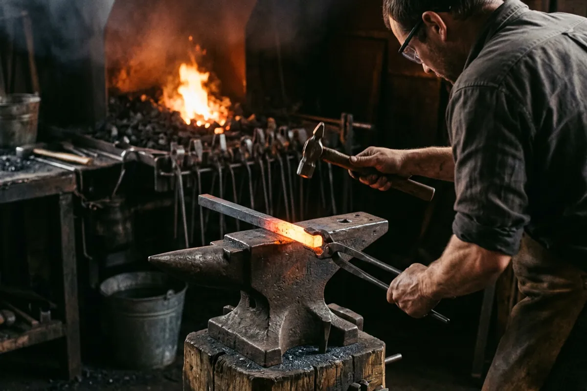 A smith hot fitting the jaws of blacksmith tongs to a bar of square stock on the anvil