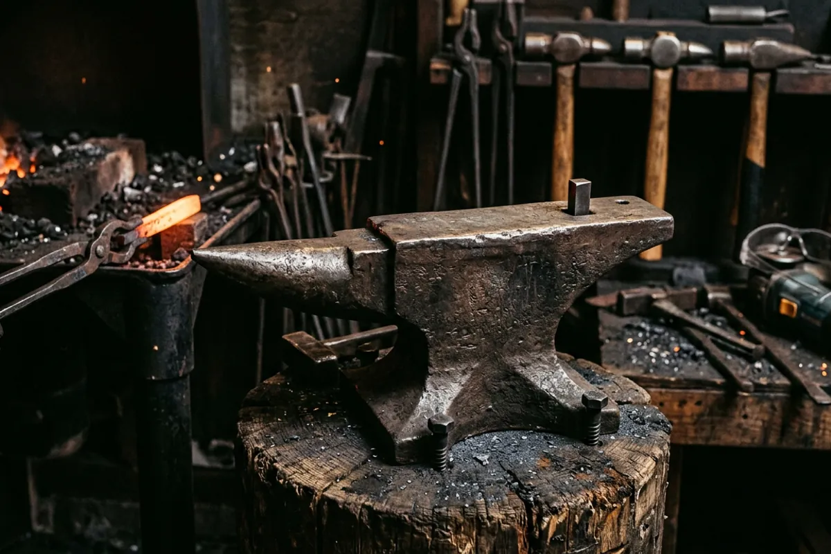 A small cast-steel starter anvil, the kind of blacksmith tool for sale a beginner considers, bolted to a stump
