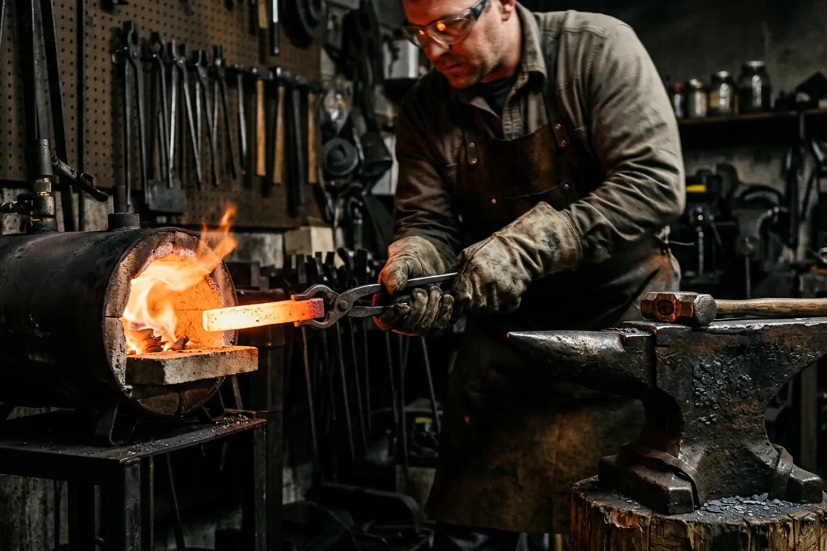 Wolf jaw tongs gripping hot steel, among the first blacksmith tools for sale a beginner should fit properly