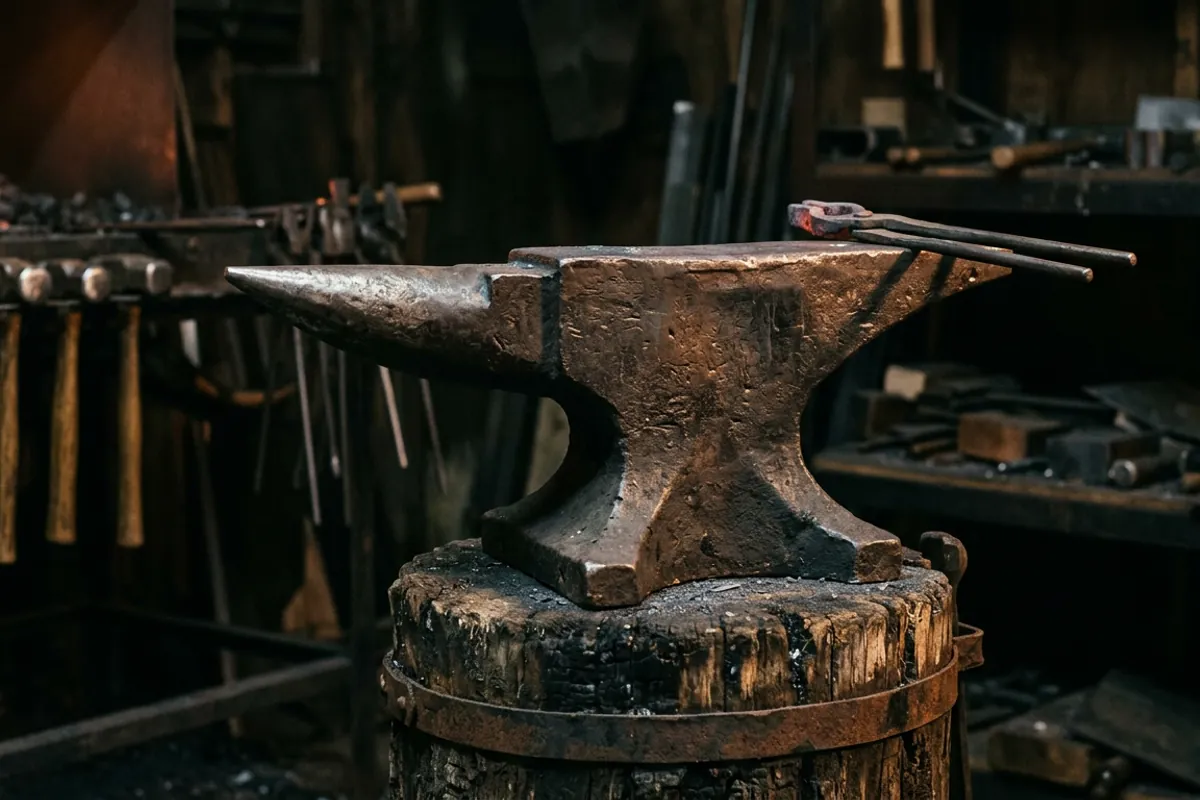 A budget single-horn anvil among a beginner's black smith tools, showing horn, face, hardy hole and pritchel hole