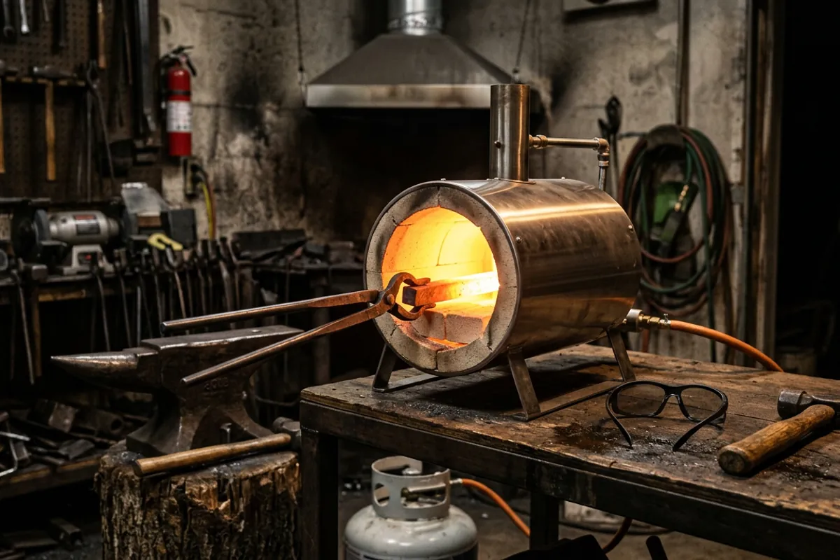 A single-burner propane forge, one of the core black smith tools, heating a steel bar held with tongs
