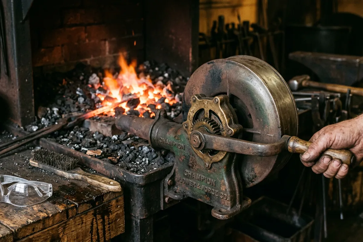 A vintage hand-crank blower feeding a coal forge, one of the vintage blacksmith tools worth chasing