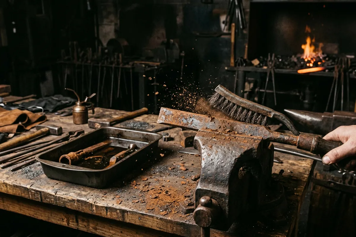 Restoring vintage blacksmith tools by wire-brushing rust off an old chisel and vise jaw at the bench