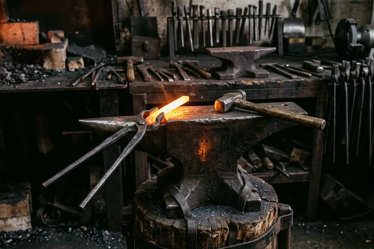 An anvil and tongs holding hot steel, the core tool set a blacksmith village smithy ran on.