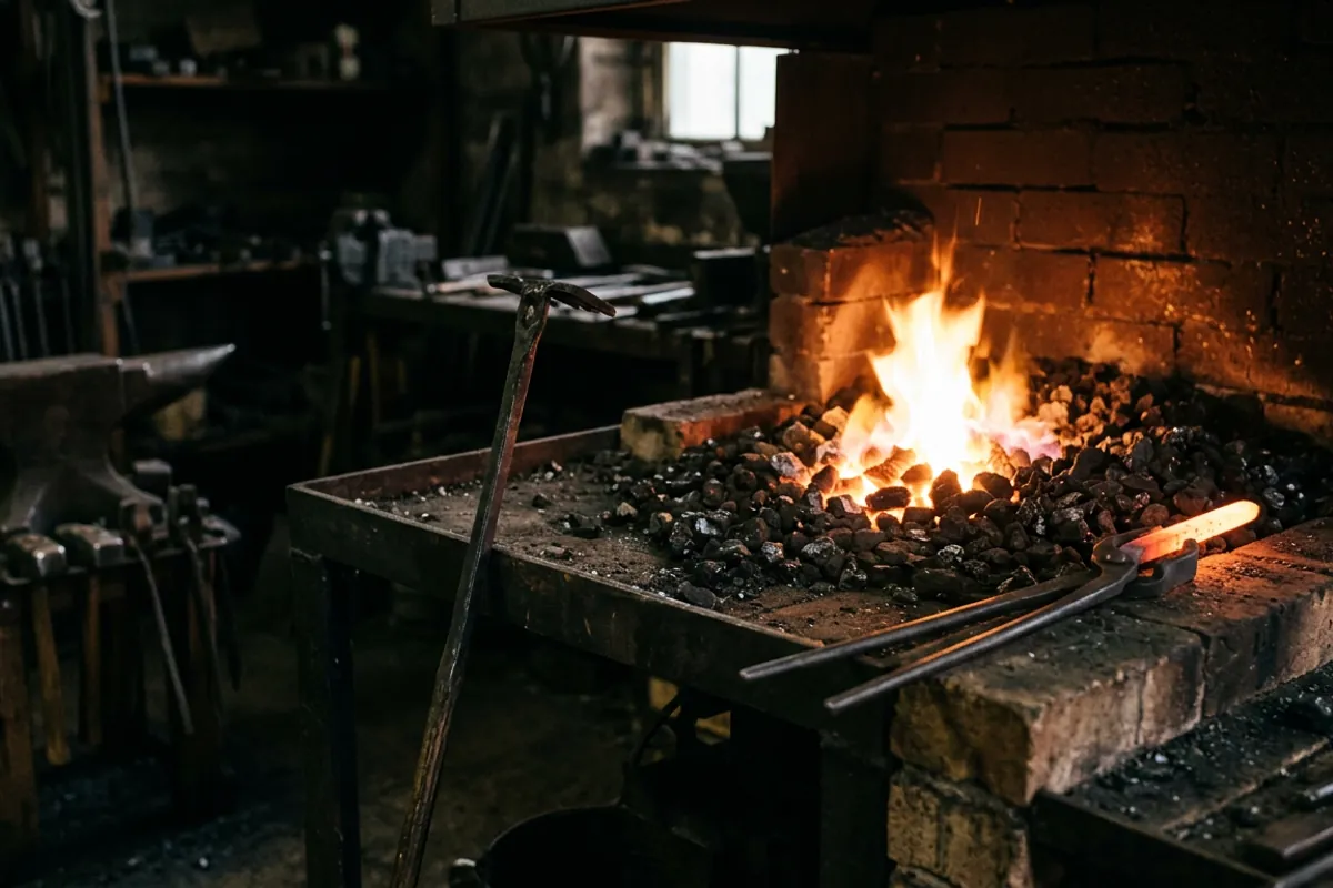 A managed coal forge fire in a dark shop, the kind of solid fuel fire a blacksmith village depended on.